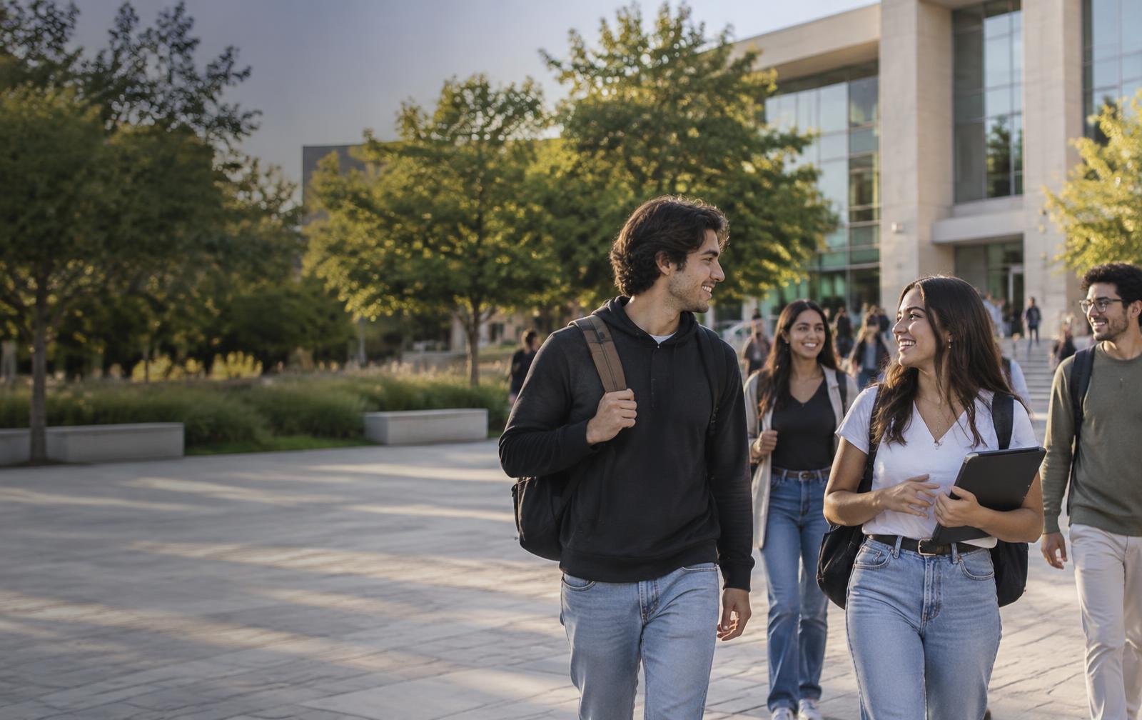 Estudiantes conversando en un campus universitario