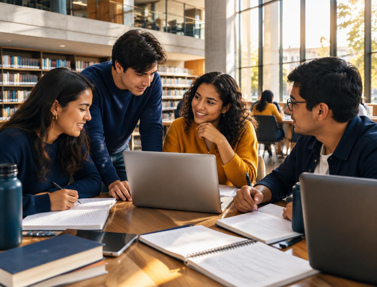Estudiantes colaborando en la biblioteca del campus